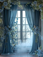Elegant Dusty Blue Silk with Floral Digital Backdrop for Photography and Art