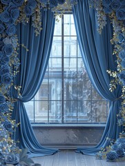 Elegant Dusty Blue Silk with Floral Digital Backdrop for Photography and Art