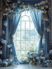 Elegant Dusty Blue Silk with Floral Digital Backdrop for Photography and Art