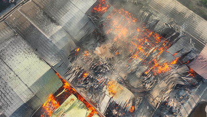 The aerial perspective unveils a scene of devastation as raging flames devour a collapsed roof...