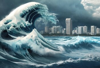 A natural disaster: a tsunami against the background of a garden