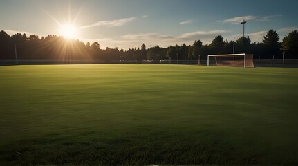 A Soccer Field With a bright sun shining on the grass