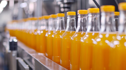 Bottled Orange Juice on Production Line. Close-up of orange juice bottles on an automated filling line at a beverage manufacturing plant.