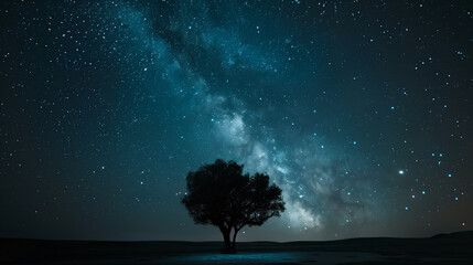 Lone Tree Under Starry Night Sky. Majestic view of a solitary tree standing under a vast starry night sky, highlighting nature's tranquility.