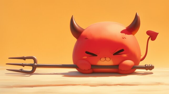 Cute little red devil lying on the ground with a pitchfork on orange background