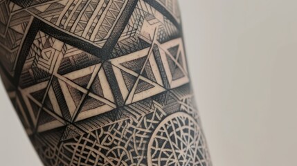 Vibrant geometric tattoo close-up, featuring intricate interlocking triangles and circles, each line and shape telling a personal story, against a neutral backdrop