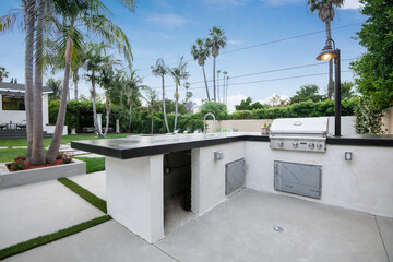 Outdoor kitchen with palm trees backdrop in a modern new construction home in Los Angeles