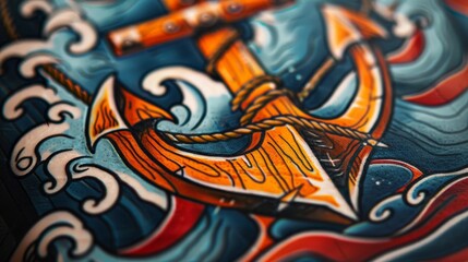 Vibrant close-up of a traditional tattoo featuring a bold anchor, classic bold outlines and solid colors, set against an isolated background