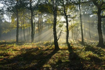 Naklejka premium Experience the serenity of a misty morning at dawn, with sunlight filtering through the trees and casting long shadows on the forest floor, Generative AI