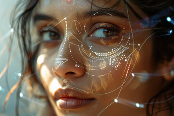 Indian woman portrait perfect skin with user interface elements drawn on a face.