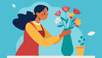 A woman takes deep intentional breaths as she carefully arranges flowers in a vase savoring each moment and appreciating the beauty of the process..