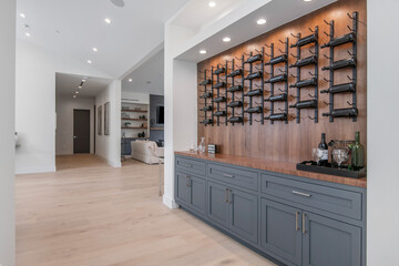Shelves filled with bottles against a wall in a modern new construction home in Los Angeles