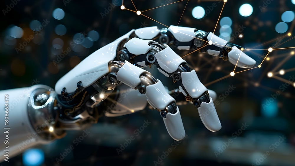 Poster humanlike robot hand connecting to network symbolizing artificial intelligence and big data. concept