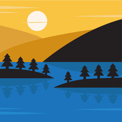 Illustration vector design of landscape with lake and mountains.