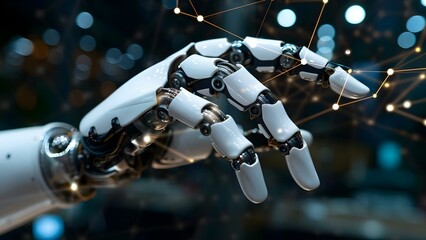 Fototapeta premium Humanlike robot hand connecting to network symbolizing artificial intelligence and big data. Concept Artificial Intelligence, Robotics, Networking, Big Data, Technology