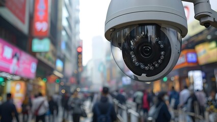 Monitoring Individuals in Crowded Street with Facial Recognition Surveillance Camera for Security Purposes. Concept Surveillance Technology, Privacy Concerns, Public Safety, Facial Recognition