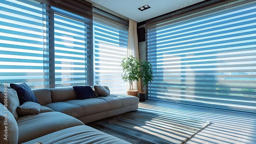 Poster automated blinds and curtains on a large window offer privacy in a room. concept home automation, pr
