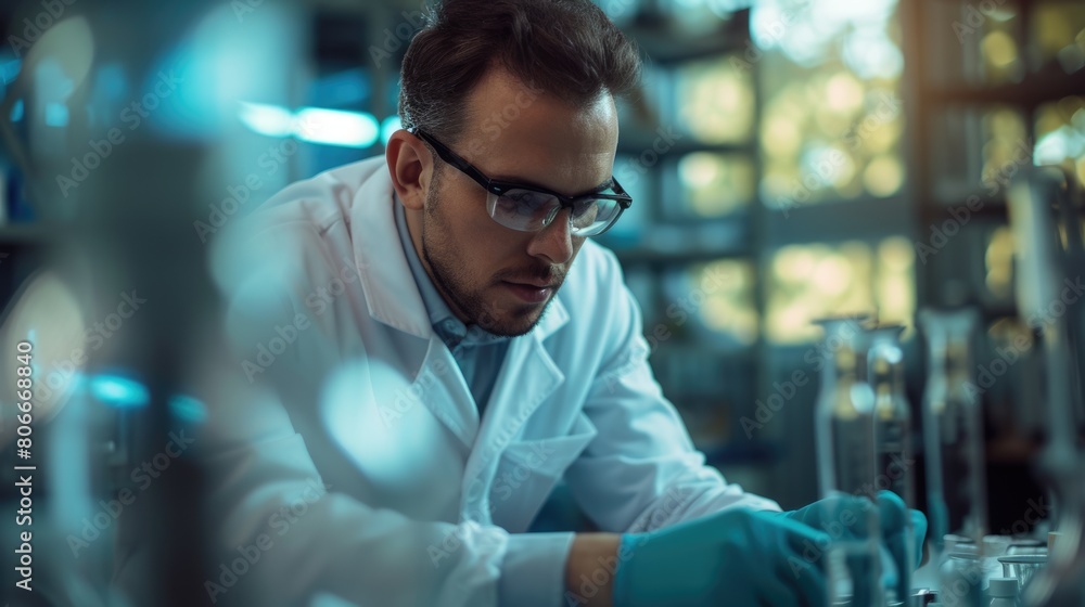 Poster an engineer is conducting experiments in a science lab, wearing a lab coat. aig41