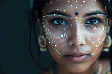 Indian woman portrait perfect skin with user interface elements drawn on a face.
