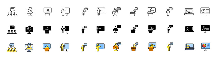 Community icons collection. Discussion icons. Linear, silhouette and flat style. Vector icons