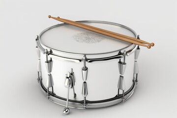 Snare drum with a pair of wooden drumsticks on top, isolated on white background