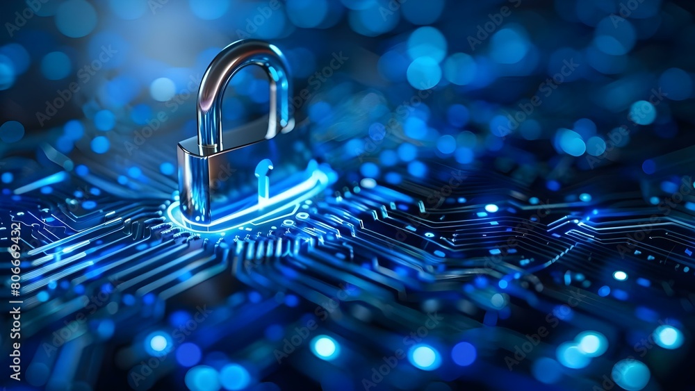Poster futuristic cybersecurity padlock on digital background with copy space for text. concept cybersecuri