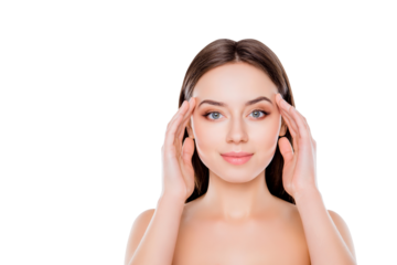 Front close up portrait of beautiful attractive with perfect ideal pure sensitive smooth flawless skin proportional face features gently touching temples with fingers isolated on white background