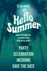 Hello Summer Party Time Template Design Night Beach Palms Party Poster, Flyer