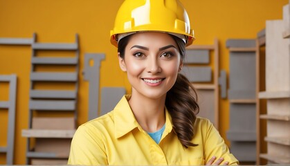 plain yellow background happy female architect engineer looking at camera in studio shot portrait from Generative AI