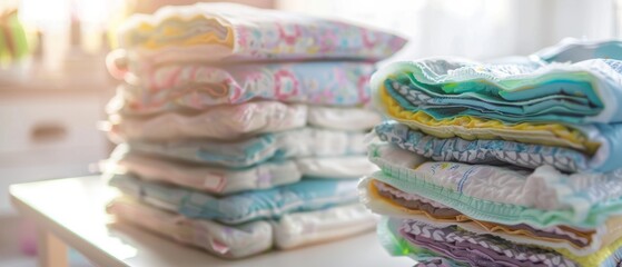 Fototapeta na wymiar Ultimate Protection: Close-Up View of a Towering Stack of Fresh and Leak-Proof Baby Diapers 