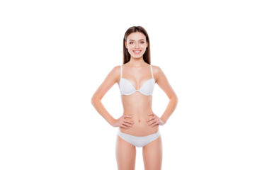 Nutrition lifestyle enhancement purity lifting procedure injection concept. Portrait of thin attractive girl with soft smooth skin holding hands on waistline isolated on white background
