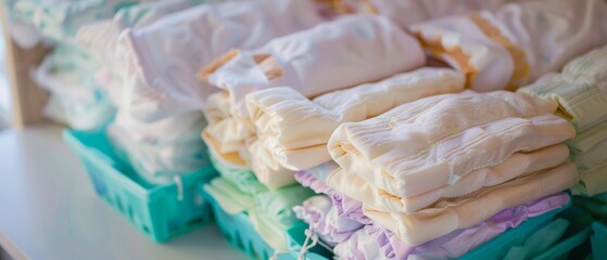 Ultimate Protection: Close-Up View of a Towering Stack of Fresh and Leak-Proof Baby Diapers

