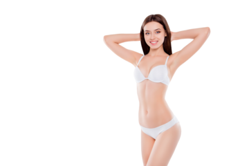 Lifestyle wellbeing cosmetics rejuvenation slimming weight loss concept. Portrait of gorgeous skinny  girl with ideal pure groomed sportive body holding hands behind head isolated on white background