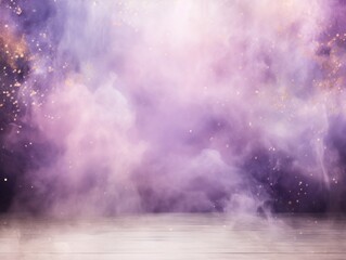 Lavender smoke empty scene background with spotlights mist fog with gold glitter sparkle stage studio interior texture for display products blank 