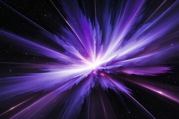 Obraz premium abstract digital artwork of a cosmic explosion with a central burst of intense purple light radiating outward into fine, wispy strands against a deep black background