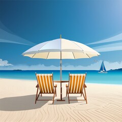 beach chairs and umbrella,beach banner tranquil coastal landscape with pristine white sands, furnished with inviting chairs and a vibrant umbrella,