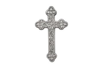 A silver vintage rosary on white background. Easter festival. Faith. Christian. Jesus