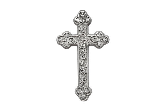 A silver vintage rosary on white background. Easter festival. Faith. Christian. Jesus