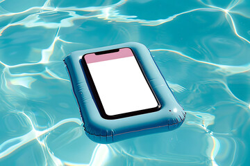 Smartphone on inflatable mattress floating in swimming pool at summer vacation. Mobile phone mockup with blank screen. Travel app advertising