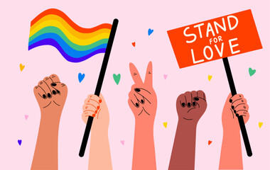 Diverse group of peoples hands hold signs, banner, poster, rainbow flag during Lgbtq+ pride month or gay parade, festival vector illustration in cartoon style. Human rights equality design concept