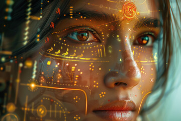 Indian woman portrait perfect skin with user interface elements drawn on a face.