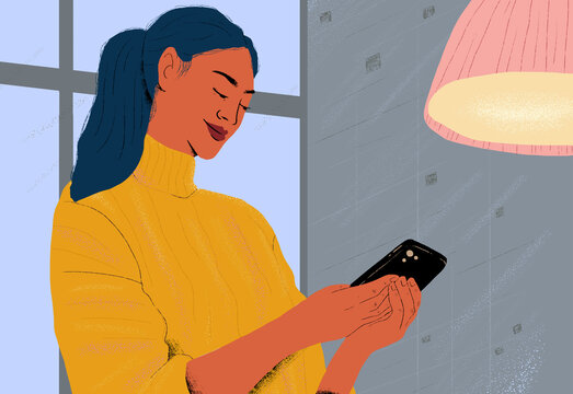 Smiling woman using phone at home