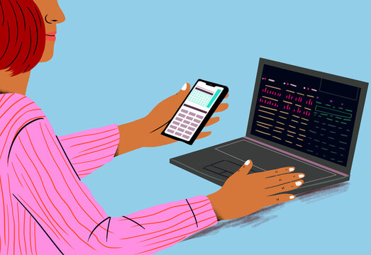 Businesswoman with phone analytics by laptop over blue background