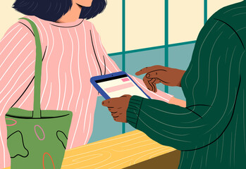 Women shopping online on tablet PC sharing screen