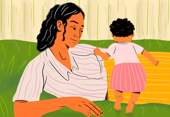 Mother watching toddler daughter standing in park
