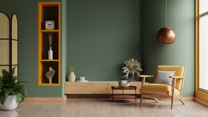 Modern wooden living room has an yellow armchair on empty dark green wall background- 3D rendering