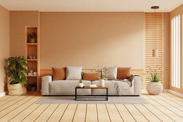 Bright and cozy modern living room interior have sofa and plant with brown wall- 3D rendering