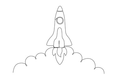 Rocket one line icon. Spaceship isolated illustration. Startup outline vector symbol. Single line drawing.