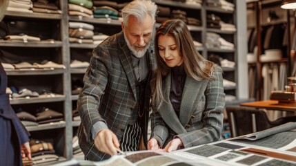 tailor choosing a fabric in swatch for his customer in tailor shop