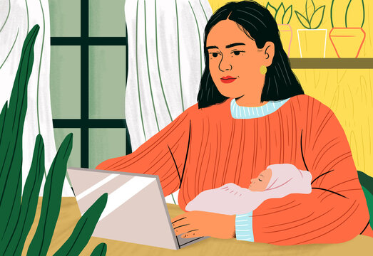 Multi-tasking mother using laptop and cradling sleeping infant at home